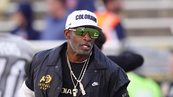 Nov 1, 2025; Boulder, Colorado, USA; Colorado Buffaloes head coach Deion Sanders before the game against the Arizona Wildcats at Folsom Field. Mandatory Credit: Ron Chenoy-Imagn Images
