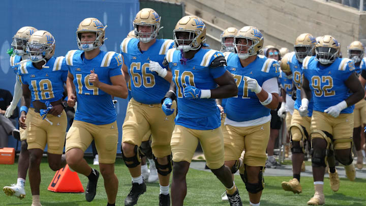 May 2, 2026; Pasadena, CA, USA; UCLA Bruins players enter the field during the spring game at Rose Bowl. Mandatory Credit: Kirby Lee-Imagn Images May 2, 2026; Pasadena, CA, USA; UCLA Bruins players enter the field during the spring game at Rose Bowl. Mandatory Credit: Kirby Lee-Imagn Images