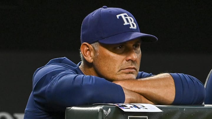 Tampa Bay Rays manager Kevin Cash (16) looks onto the field during the second inning against the Baltimore Orioles at Oriole Park at Camden Yards. Tampa Bay Rays manager Kevin Cash (16) looks onto the field during the second inning against the Baltimore Orioles at Oriole Park at Camden Yards.