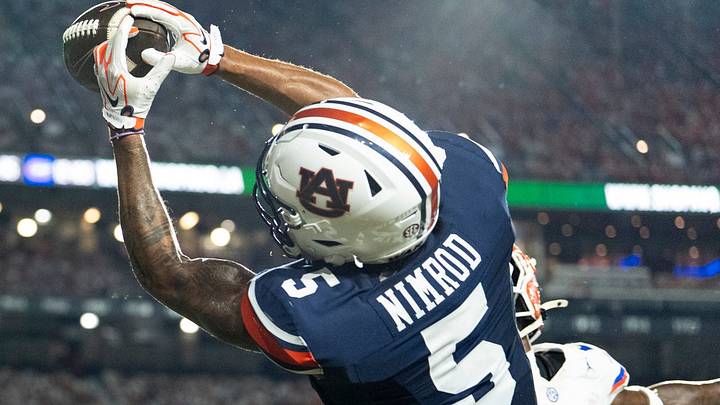 Auburn Tigers wide receiver Chas Nimrod (5) catches a pass but lands out of bounds as Auburn Tigers take on Florida Gators at Jordan-Hare Stadium in Auburn, Ala. on Saturday, Sept. 19, 2026. Florida Gators defeated Auburn Tigers 44-39.