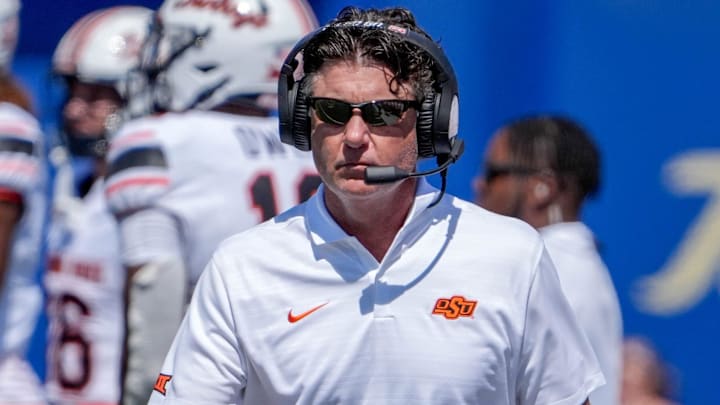 Oklahoma State head coach Mike Gundy walks off the field in the second half during an NCAA football game between Oklahoma State and Tulsa in Tulsa, Okla., on Saturday, Sept. 14, 2024.