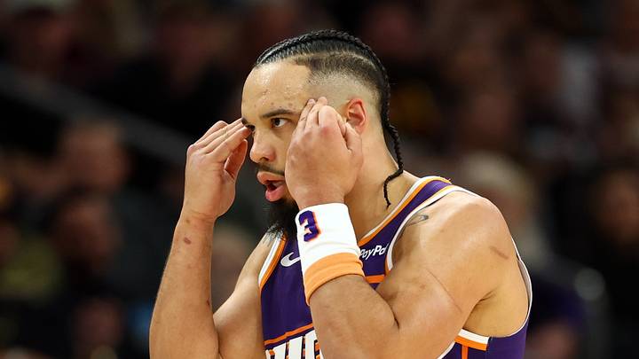 Phoenix, Arizona, USA; Phoenix Suns forward Dillon Brooks (3) reacts against the Cleveland Cavaliers at Mortgage Matchup Center on Jan 30, 2026. Phoenix, Arizona, USA; Phoenix Suns forward Dillon Brooks (3) reacts against the Cleveland Cavaliers at Mortgage Matchup Center on Jan 30, 2026.
