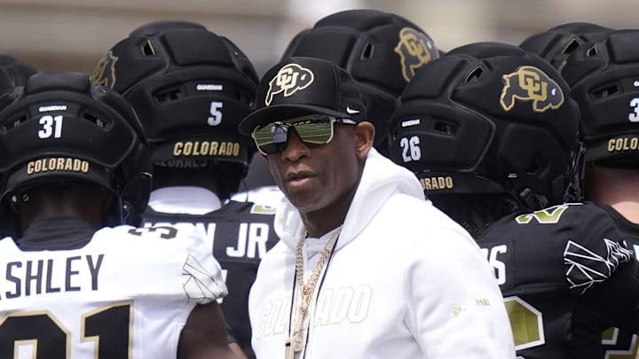 Apr 11, 2026; Boulder, CO, USA; Colorado Buffaloes head coach Deion Sanders before the start of the spring game at Folsom Field. 