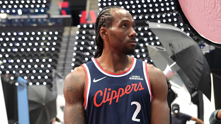Sep 29, 2025; Inglewood, CA, USA;  Los Angeles Clippers forward Kawhi Leonard (2) poses during media day at Intuit Dome. Mandatory Credit: Jayne Kamin-Oncea-Imagn Images