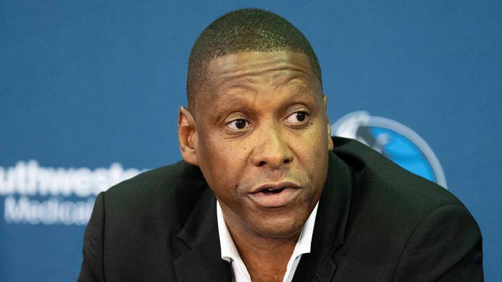 Jun 29, 2026; Dallas, TX, USA;  Masai Ujiri, Dallas Mavericks’ President of Basketball Operations, provides an opening statement during an introductory press conference for new head coach Dusty May at American Airlines Center. Mandatory Credit: Raymond Carlin III-Imagn Images
