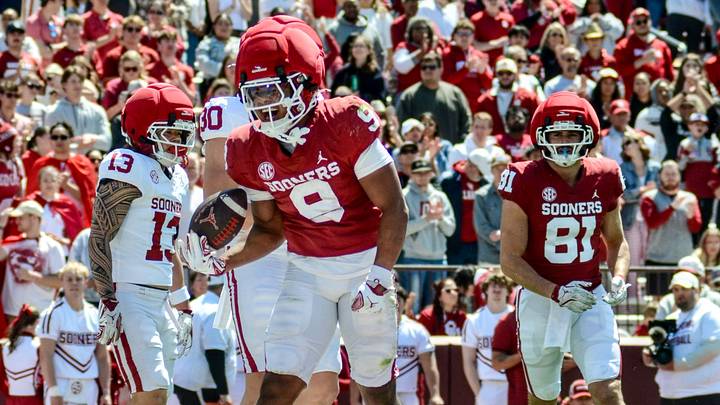 Oklahoma running back Lloyd Avant celebrates after scoring a touchdown in the spring game.