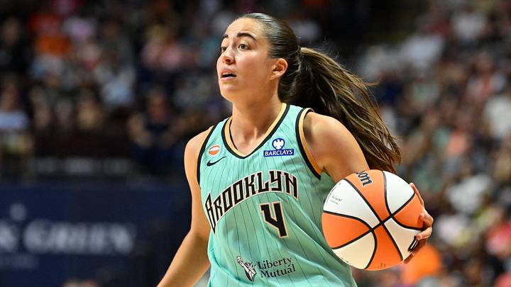 August 15, 2026; Uncasville, Connecticut, USA; New York Liberty Marine Fauthoux (4) moves the ball against the Connecticut Sun during the second half at Mohegan Sun Arena. Mandatory Credit: Eric Canha-Imagn Images