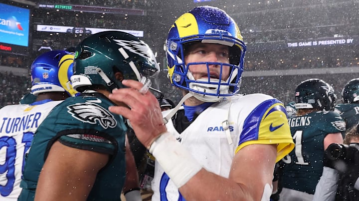 Jan 19, 2025; Philadelphia, Pennsylvania, USA; Philadelphia Eagles quarterback Jalen Hurts (1) greets Los Angeles Rams quarterback Matthew Stafford (9) after their game in a 2025 NFC divisional round game at Lincoln Financial Field. Mandatory Credit: Bill Streicher-Imagn Images Jan 19, 2025; Philadelphia, Pennsylvania, USA; Philadelphia Eagles quarterback Jalen Hurts (1) greets Los Angeles Rams quarterback Matthew Stafford (9) after their game in a 2025 NFC divisional round game at Lincoln Financial Field. Mandatory Credit: Bill Streicher-Imagn Images