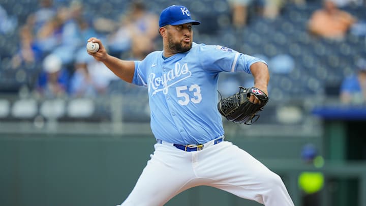 Aug 13, 2025; Kansas City, Missouri, USA; Kansas City Royals relief pitcher Carlos Estevez (53) pitches during the ninth inning against the Washington Nationals at Kauffman Stadium. Mandatory Credit: Jay Biggerstaff-Imagn Images