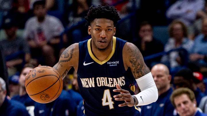 Mar 24, 2025; New Orleans, Louisiana, USA;  New Orleans Pelicans guard Elfrid Payton (4) brings the ball up court against the Philadelphia 76ers during the second half at Smoothie King Center. Mandatory Credit: Stephen Lew-Imagn Images