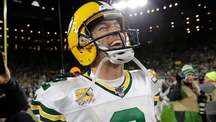Former Green Bay Packers kicker Mason Crosby (2) celebrates his game-winning field goal against the Detroit Lions during their footbal game Monday, October 14, 2019, at Lambeau Field in Green Bay, Wis.
