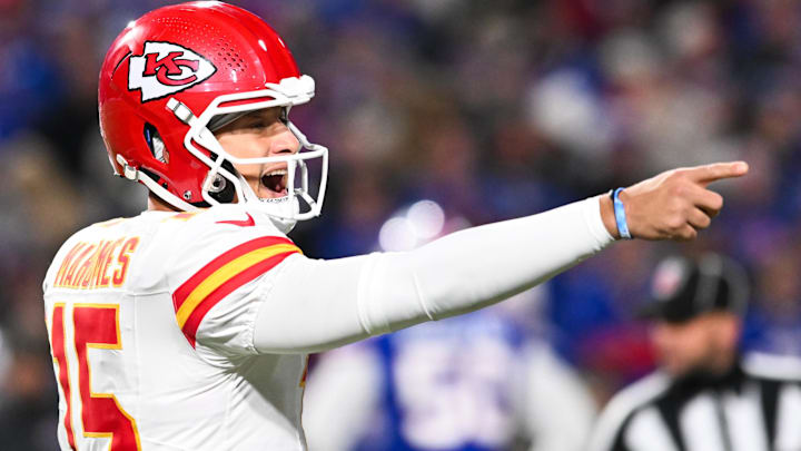 Nov 2, 2025; Orchard Park, New York, USA; Kansas City Chiefs quarterback Patrick Mahomes (15) reacts in the second half against the Buffalo Bills at Highmark Stadium.