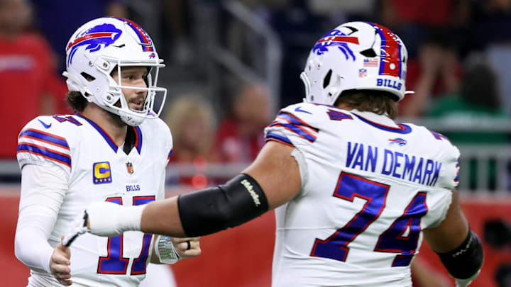 Nov 20, 2025; Houston, Texas, USA; Buffalo Bills quarterback Josh Allen (17) celebrates with offensive tackle Ryan Van Demark (74) after a touchdown against the Houston Texans in the first quarter at NRG Stadium. Mandatory Credit: Troy Taormina-Imagn Images