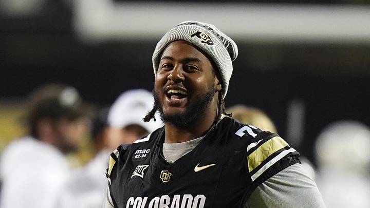 Nov 22, 2025; Boulder, Colorado, USA; Colorado Buffaloes offensive lineman Jordan Seaton (77) before the game against the Arizona State Sun Devils at Folsom Field. Mandatory Credit: Ron Chenoy-Imagn Images