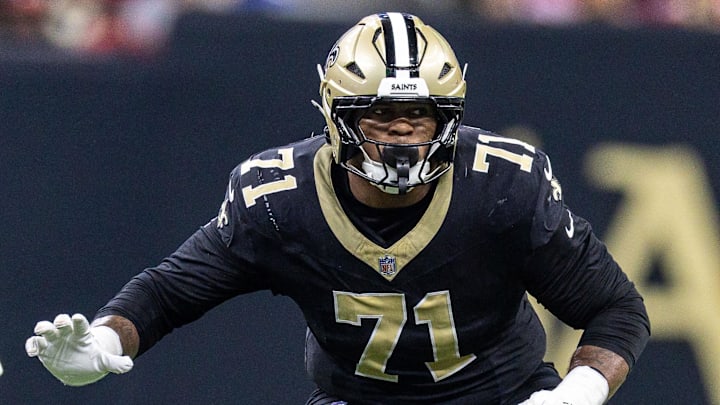 New Orleans, Louisiana, USA; New Orleans Saints offensive tackle Kelvin Banks Jr. (71) against the San Francisco 49ers 