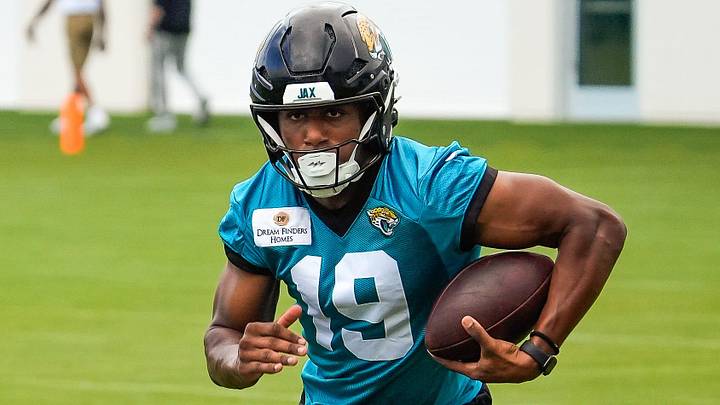 Jacksonville Jaguars wide receiver Josh Cameron runs the ball during the second day of minicamp at the Miller Electric Center, Wednesday, June 10, 2026, in Jacksonville. [Doug Engle/Florida Times-Union]
