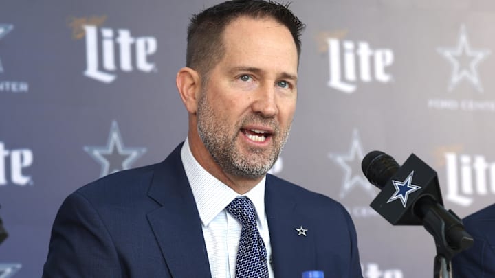 Jan 27, 2025; Frisco, TX, USA;   Dallas Cowboys Head Coach Brian Schottenheimer speaks to the media at a press conference at the Star.  Mandatory Credit: Tim Heitman-Imagn Images