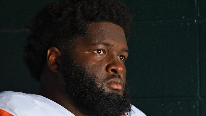 Oct 5, 2025; Philadelphia, Pennsylvania, USA; Denver Broncos defensive tackle D.J. Jones (93) in the tunnel before game against the Philadelphia Eagles at Lincoln Financial Field. Mandatory Credit: Eric Hartline-Imagn Images
