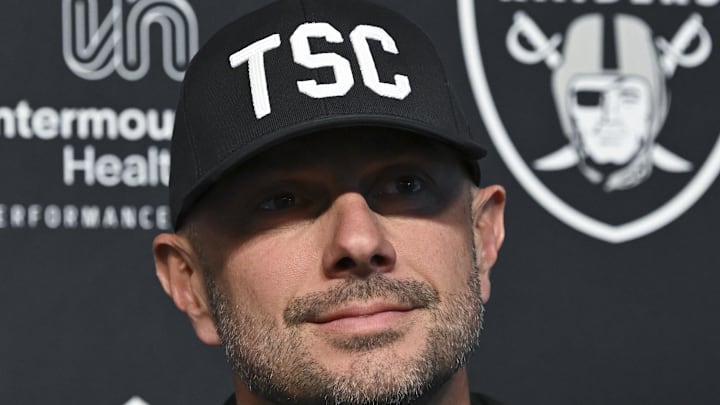 Apr 25, 2025; Henderson, NV, USA; (L-R) Las Vegas Raiders general manager John Spytek during a news conference introducing Ashton Jeanty as the first round draft pick in the 2025 NFL Draft at Intermountain Health Performance Center. Mandatory Credit: Candice Ward-Imagn Images