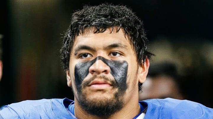 Detroit Lions right tackle Penei Sewell takes the field for the second half against the Green Bay Packers at Ford Field in Detroit on Thursday, Nov. 23, 2023.