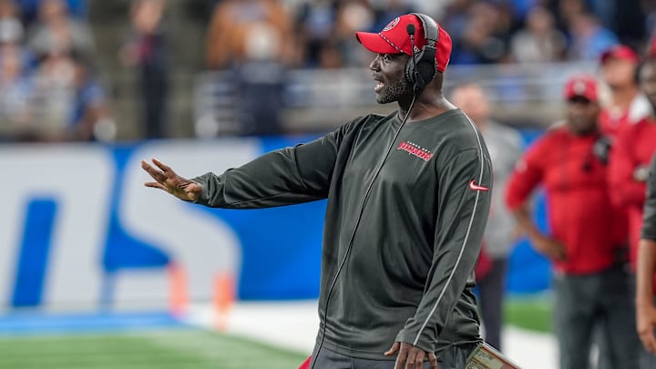 Tampa Bay head coach Todd Bowles talks with the referees during the second half of the N.F.L. game against the Tampa Bay Buccaneers at Ford Field in Detroit on Sunday, Sept. 15, 2024. Bucaneers won 20-16.