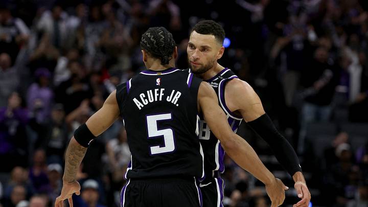 Oct 23, 2026; Sacramento, California, USA; Sacramento Kings guard Darius Acuff Jr. (5) and Zach LaVine (8) celebrate a three point basket against the Portland Trail Blazers during the fourth quarter at Golden 1 Center. Mandatory Credit: Dennis Lee-Imagn Images Oct 23, 2026; Sacramento, California, USA; Sacramento Kings guard Darius Acuff Jr. (5) and Zach LaVine (8) celebrate a three point basket against the Portland Trail Blazers during the fourth quarter at Golden 1 Center. Mandatory Credit: Dennis Lee-Imagn Images