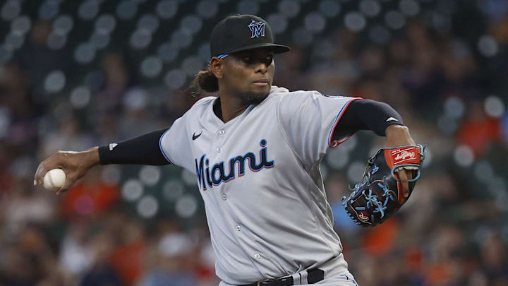 Jun 12, 2022; Houston, Texas, USA; Miami Marlins starting pitcher Edward Cabrera (27) delivers a pitch during the first inning against the Houston Astros at Minute Maid Park.