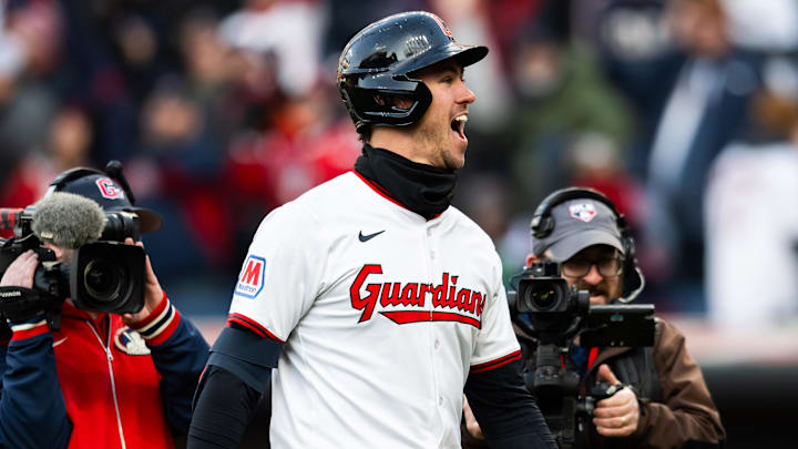 Apr 8, 2025; Cleveland, Ohio, USA; Cleveland Guardians right fielder Nolan Jones (22) reacts after walking to win the game during the ninth inning against the Chicago White Sox at Progressive Field. Mandatory Credit: Ken Blaze-Imagn Images