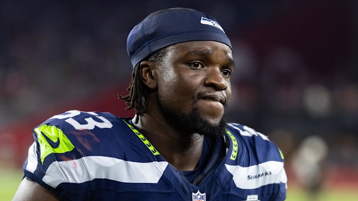 Sep 25, 2025; Glendale, Arizona, USA; Seattle Seahawks linebacker Boye Mafe (53) against the Arizona Cardinals at State Farm Stadium. Mandatory Credit: Mark J. Rebilas-Imagn Images