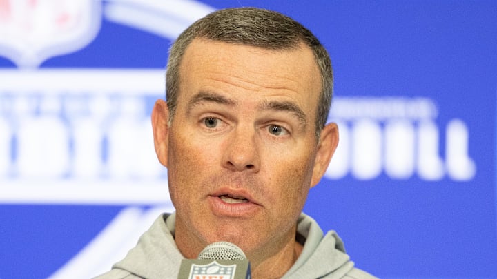 Feb 27, 2024; Indianapolis, IN, USA; Buffalo Bills general manager Brandon Beane talks to the media at the 2024 NFL Combine at Indiana Convention Center. Mandatory Credit: Trevor Ruszkowski-Imagn Images