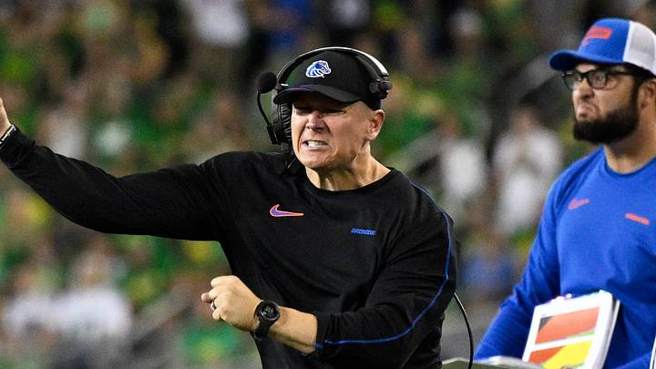 Sep 7, 2024; Eugene, Oregon, USA; Boise State Broncos head coach Spencer Danielson celebrates after a touchdown during the second half against the Oregon Ducks at Autzen Stadium. Sep 7, 2024; Eugene, Oregon, USA; Boise State Broncos head coach Spencer Danielson celebrates after a touchdown during the second half against the Oregon Ducks at Autzen Stadium.