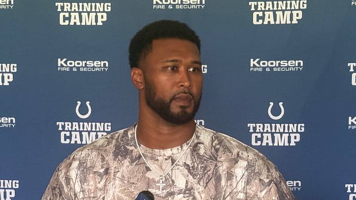 Colts DT DeForest Buckner speaks to the media at the start of training camp on July 28, 2026