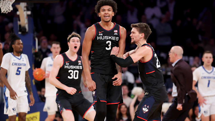 Mar 14, 2025; New York, NY, USA; Connecticut Huskies forward Jaylin Stewart (3) and guard Aidan Mahaney (20) react during the second half against the Creighton Bluejays at Madison Square Garden. Mandatory Credit: Brad Penner-Imagn Images Mar 14, 2025; New York, NY, USA; Connecticut Huskies forward Jaylin Stewart (3) and guard Aidan Mahaney (20) react during the second half against the Creighton Bluejays at Madison Square Garden. Mandatory Credit: Brad Penner-Imagn Images