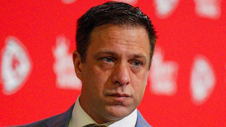 Nov 10, 2024; Kansas City, Missouri, USA; Kansas City Chiefs general manager Brett Veach arrives to the stadium prior to a game against the Denver Broncos at GEHA Field at Arrowhead Stadium. Mandatory Credit: Denny Medley-Imagn Images