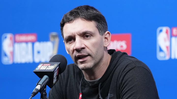 Dec 12, 2025; Las Vegas, NV, USA; Oklahoma City Thunder head coach Mark Daigneault at press conference prior to the Emirates Cup semifinals at T-Mobile Arena. Mandatory Credit: Kirby Lee-Imagn Images Dec 12, 2025; Las Vegas, NV, USA; Oklahoma City Thunder head coach Mark Daigneault at press conference prior to the Emirates Cup semifinals at T-Mobile Arena. Mandatory Credit: Kirby Lee-Imagn Images