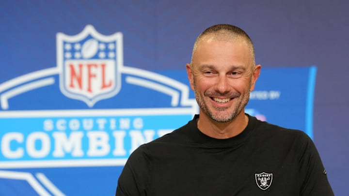 Feb 24, 2026; Indianapolis, IN, USA; Las Vegas Raiders general manager John Spytek speaks at the NFL Scouting Combine at the Indiana Convention Center. Mandatory Credit: Kirby Lee-Imagn Images