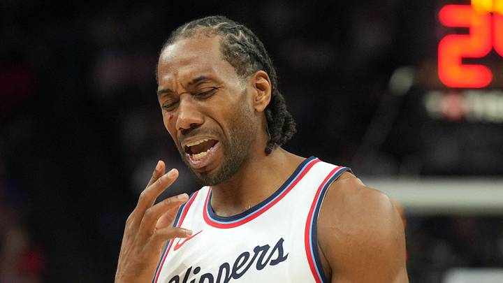 Apr 11, 2025; Sacramento, California, USA; Los Angeles Clippers forward Kawhi Leonard (2) reacts after incurring a facial cut during the fourth quarter against the Sacramento Kings at Golden 1 Center. Mandatory Credit: Darren Yamashita-Imagn Images