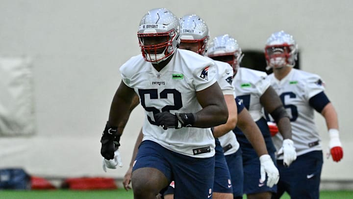 May 9, 2025; Foxborough, MA, USA; New England Patriots offensive tackle Marcus Bryant (52) practices during rookie camp at Gillette Stadium. Mandatory Credit: Eric Canha-Imagn Images