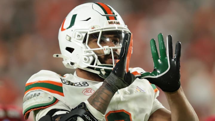 Jan 19, 2026; Miami Gardens, FL, USA; Miami Hurricanes defensive lineman Akheem Mesidor (3) celebrates after a sack against the Indiana Hoosiers in the third quarter during the College Football Playoff National Championship game at Hard Rock Stadium. Mandatory Credit: Sam Navarro-Imagn Images