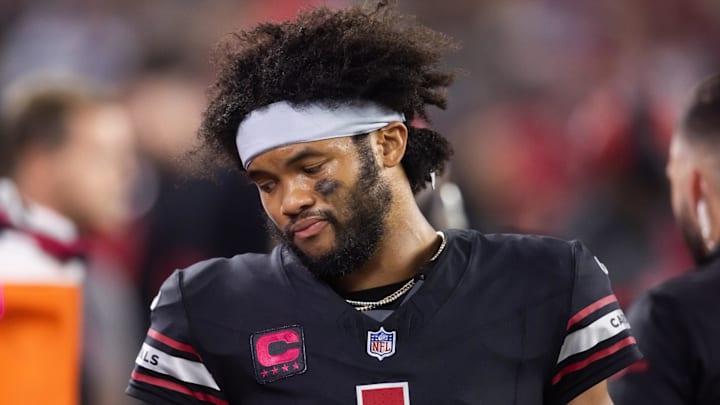Oct 21, 2024; Glendale, Arizona, USA; Arizona Cardinals quarterback Kyler Murray (1) reacts against the Los Angeles Chargers at State Farm Stadium. Mandatory Credit: Mark J. Rebilas-Imagn Images