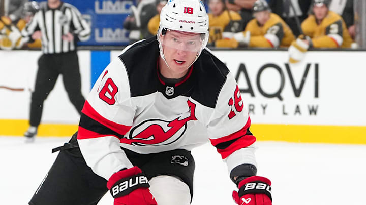 Dec 17, 2025; Las Vegas, Nevada, USA; New Jersey Devils left wing Ondrej Palat (18) skates against the Vegas Golden Knights during the first period at T-Mobile Arena. Mandatory Credit: Stephen R. Sylvanie-Imagn Images