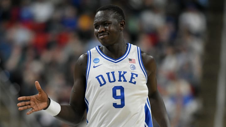 Mar 21, 2025; Raleigh, NC, USA; Duke Blue Devils center Khaman Maluach (9) celebrates during the first half against the Mount St. Mary's Mountaineers in the first round of the NCAA Tournament at Lenovo Center. Mandatory Credit: Zachary Taft-Imagn Images