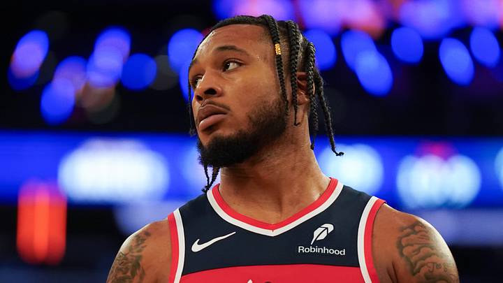 Nov 3, 2025; New York, New York, USA; Washington forward Cam Whitmore (1) looks on during the second half against the New York Knicks at Madison Square Garden. Mandatory Credit: Lucas Boland-Imagn Images