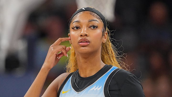 Jul 22, 2025; Minneapolis, Minnesota, USA; Chicago Sky forward Angel Reese (5) before the game against the Minnesota Lynx at Target Center. Mandatory Credit: Brad Rempel-Imagn Images