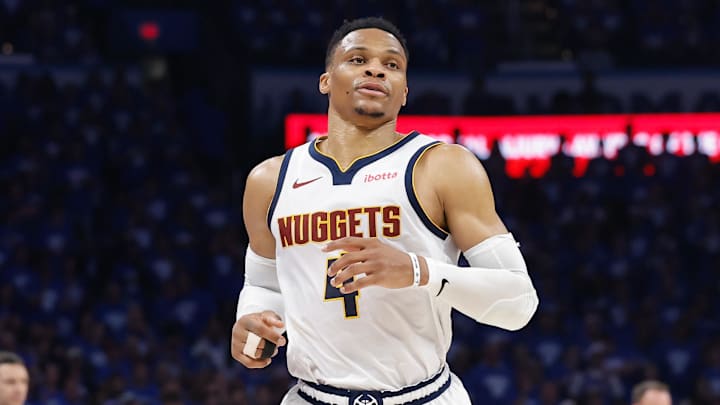 May 18, 2025; Oklahoma City, Oklahoma, USA; Denver Nuggets guard Russell Westbrook (4) runs down the court against the Oklahoma City Thunder in the second quarter during game seven of the second round for the 2025 NBA Playoffs at Paycom Center. Mandatory Credit: Alonzo Adams-Imagn Images