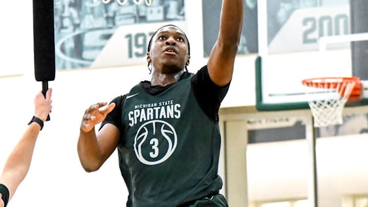 Michigan State's Cam Ward shoots a layup during the first day of basketball practice on Monday, Sept. 22, 2025, at the Breslin Center in East Lansing.
