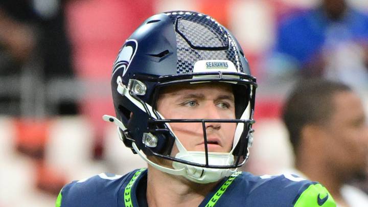 Seattle Seahawks quarterback Drew Lock warms up