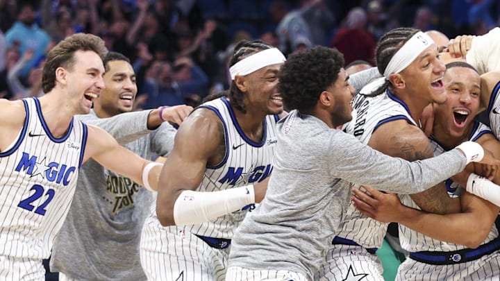 Nov 10, 2025; Orlando, Florida, USA; Orlando Magic guard Desmond Bane (3) celebrates with forward Paolo Banchero (5) after making a game wing basket against the Portland Trail Blazers in the fourth quarter at Kia Center. Mandatory Credit: Nathan Ray Seebeck-Imagn Images