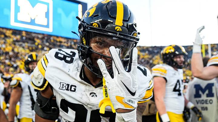 Iowa running back Kamari Moulton (28) celebrates 20-19 win over Michigan at Michigan Stadium in Ann Arbor on Saturday, Sept. 26, 2026. Iowa running back Kamari Moulton (28) celebrates 20-19 win over Michigan at Michigan Stadium in Ann Arbor on Saturday, Sept. 26, 2026.