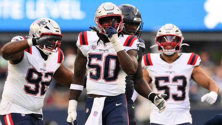 Sep 9, 2026; Seattle, Washington, USA; New England Patriots linebacker Gabe Jacas (50) celebrates with defensive tackle Joshua Farmer (92) after sacking Seattle Seahawks quarterback Drew Lock (2) during the second quarter at Lumen Field. Mandatory Credit: Steven Bisig-Imagn Images Sep 9, 2026; Seattle, Washington, USA; New England Patriots linebacker Gabe Jacas (50) celebrates with defensive tackle Joshua Farmer (92) after sacking Seattle Seahawks quarterback Drew Lock (2) during the second quarter at Lumen Field. Mandatory Credit: Steven Bisig-Imagn Images